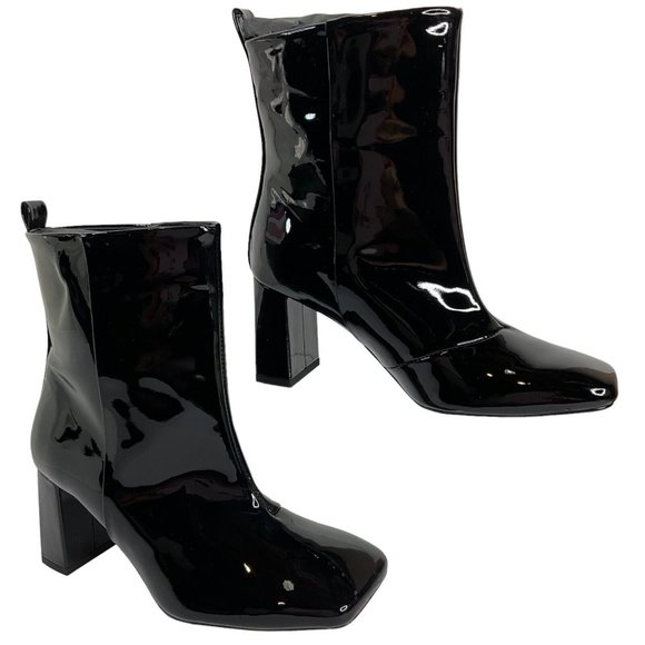 Good American Shoes Booties Womens Sz 5.5 Black Patent Block Heel $329 Nwb